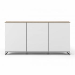 Buffet WHITY blanc mat 180cm 3 portes Plateau chêne clair et pied métallique noir